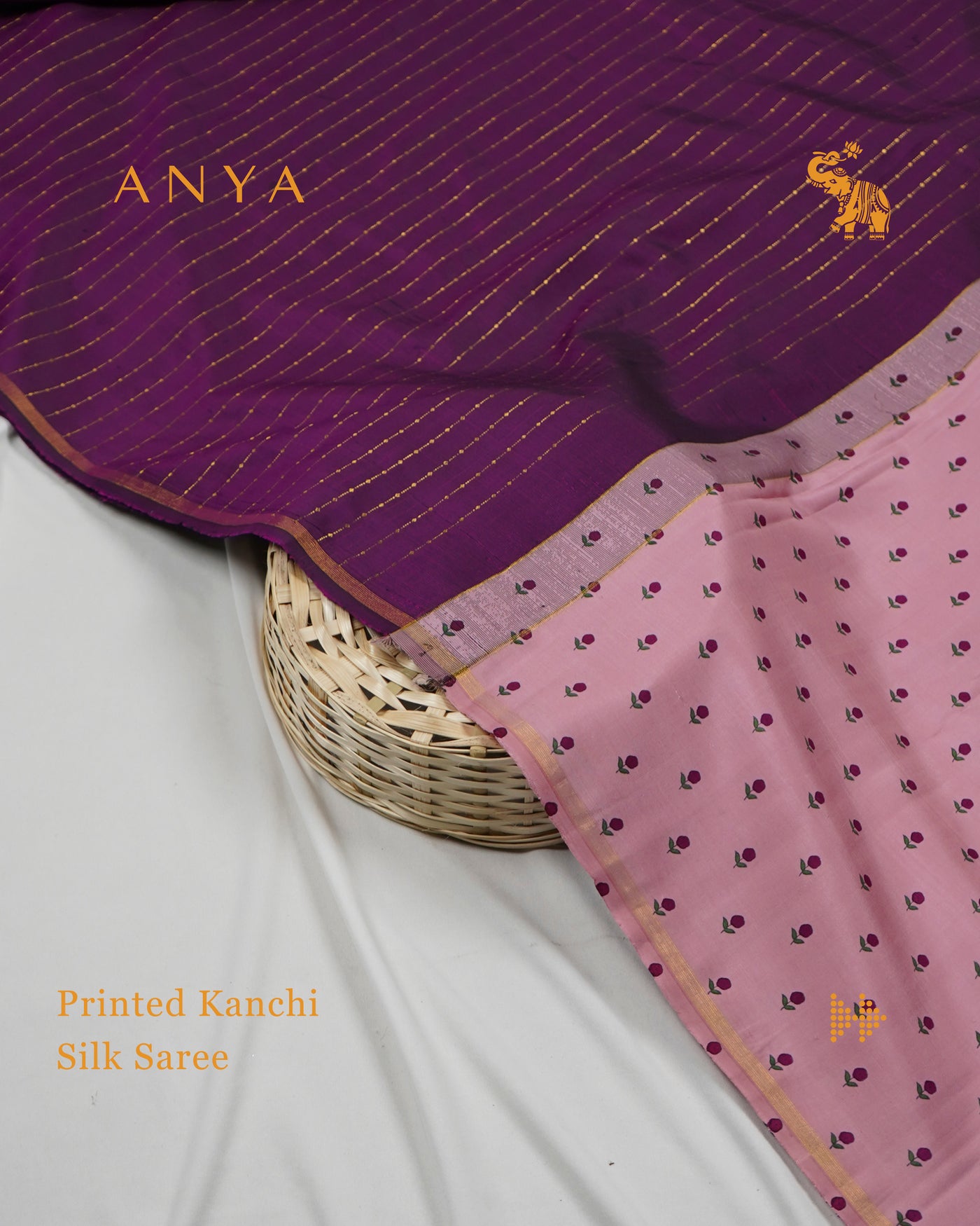 Magenta Printed Kanchi Silk Saree with Stripes Butta Design