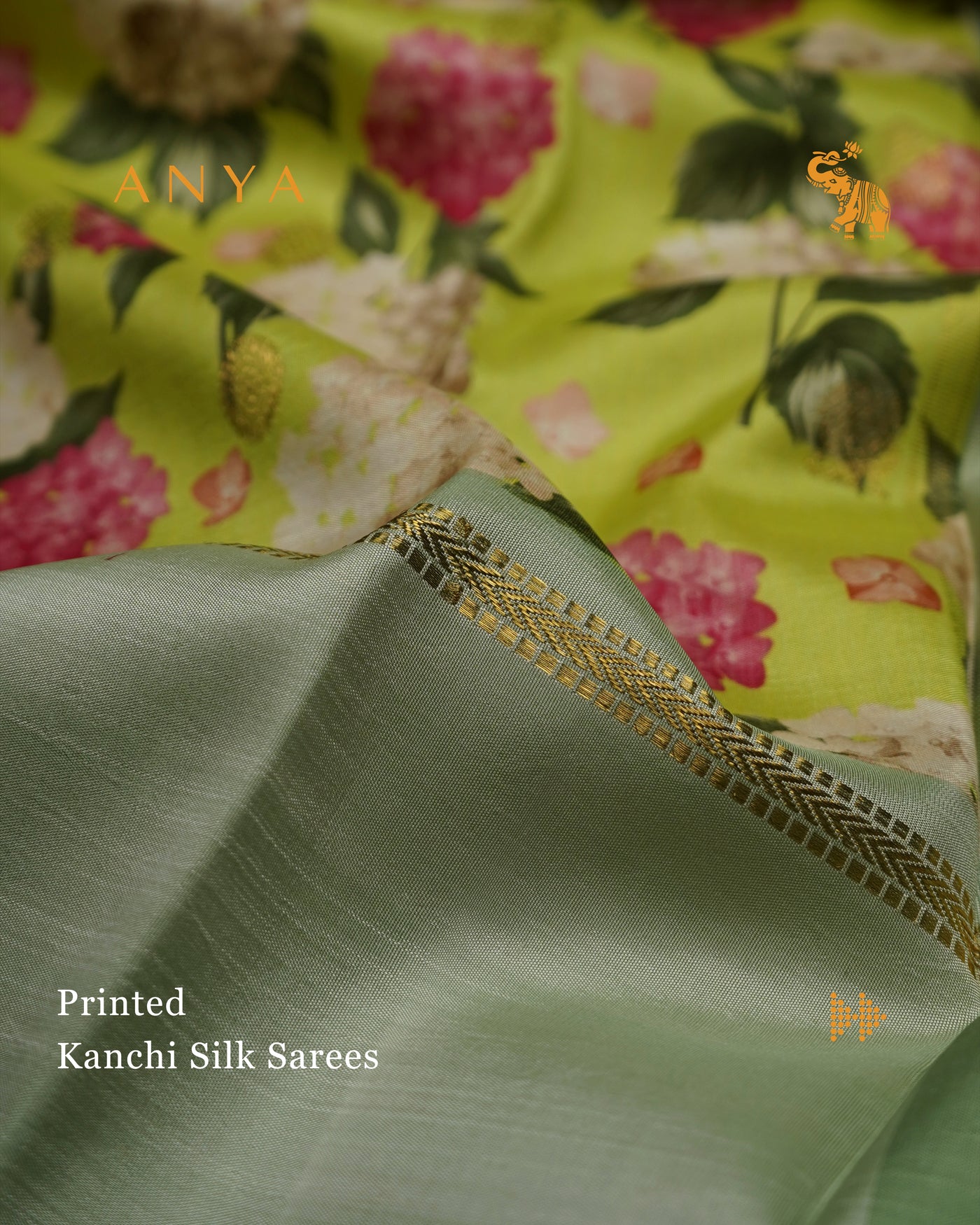 Pista Green Printed Kanchi Silk Saree with Floral Printed Design