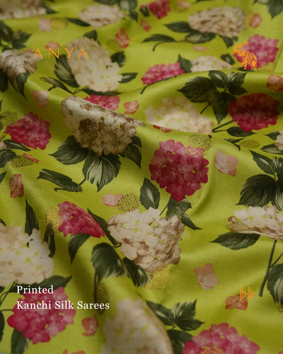 Pista Green Printed Kanchi Silk Saree with Floral Printed Design