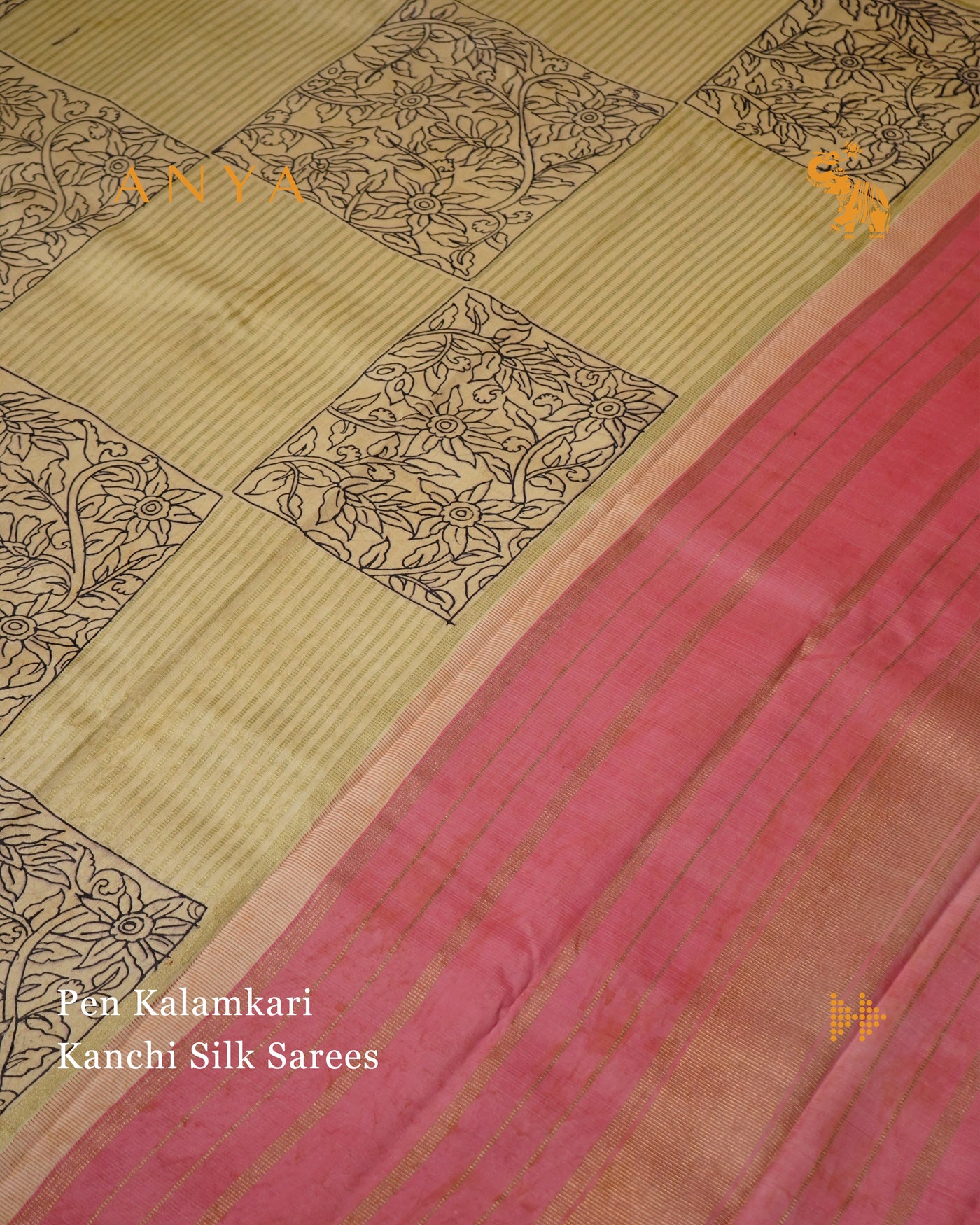 Off White Pen Kalamkari Kanchi Silk Saree with Box Pattern Kalamkari Design