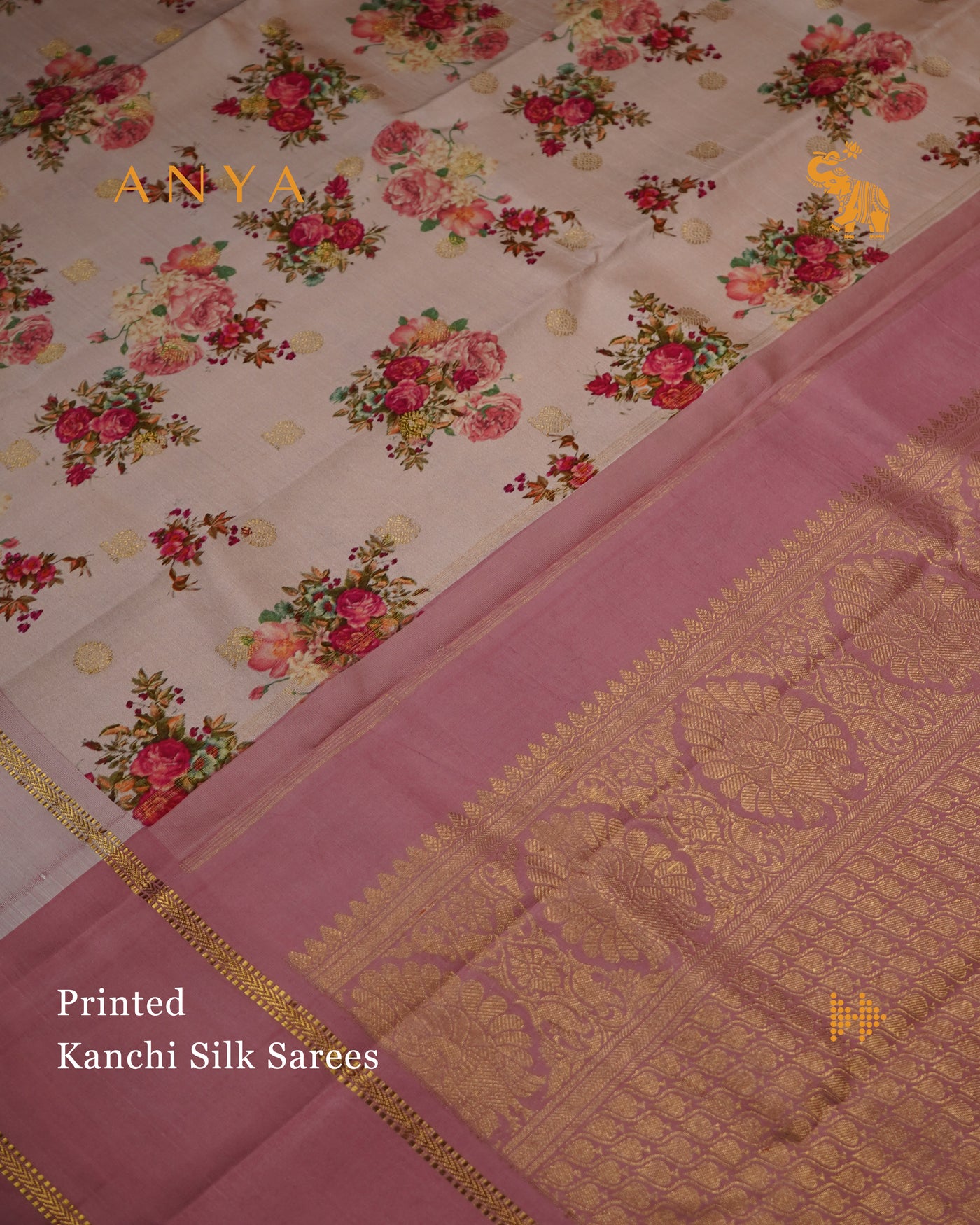 Onion Pink Printed Kanchi Silk Saree with Floral Printed Design