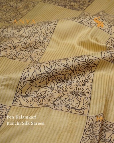 Off White Pen Kalamkari Kanchi Silk Saree with Box Pattern Kalamkari Design