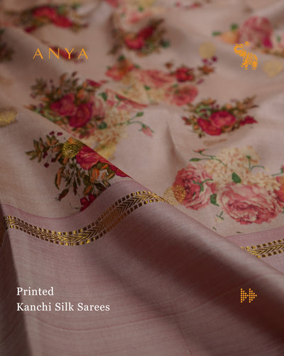 Onion Pink Printed Kanchi Silk Saree with Floral Printed Design