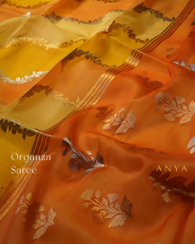 Yellow and Orange Organza Saree with Creeper Design