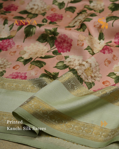 Pink Printed Kanchi Silk Saree with Floral Printed Design