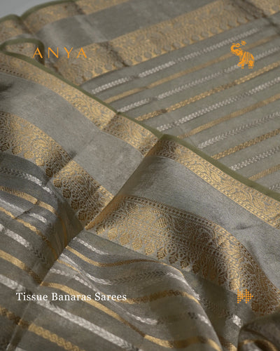 Light Green Banarasi Silk Saree with Tissue Zari Lines Design