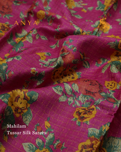 Pink Tussar Silk Saree with Floral Print and Zari Checks Design