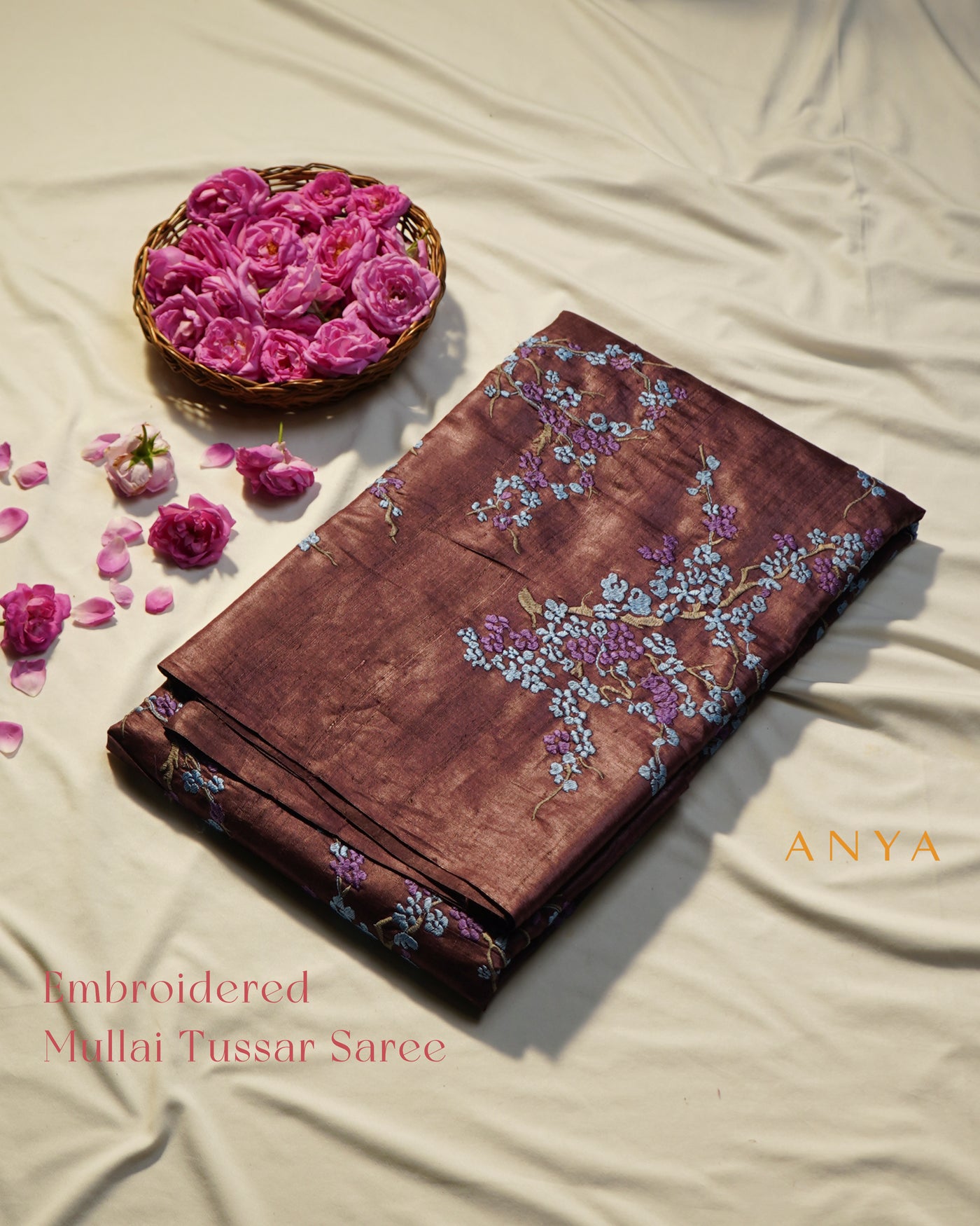 V Pakku Tussar Silk Saree with Floral Embroidery Design