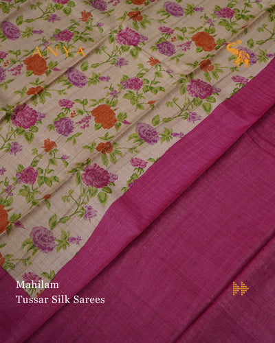 Off White Tussar Silk Saree with Floral Print and Zari Checks Design