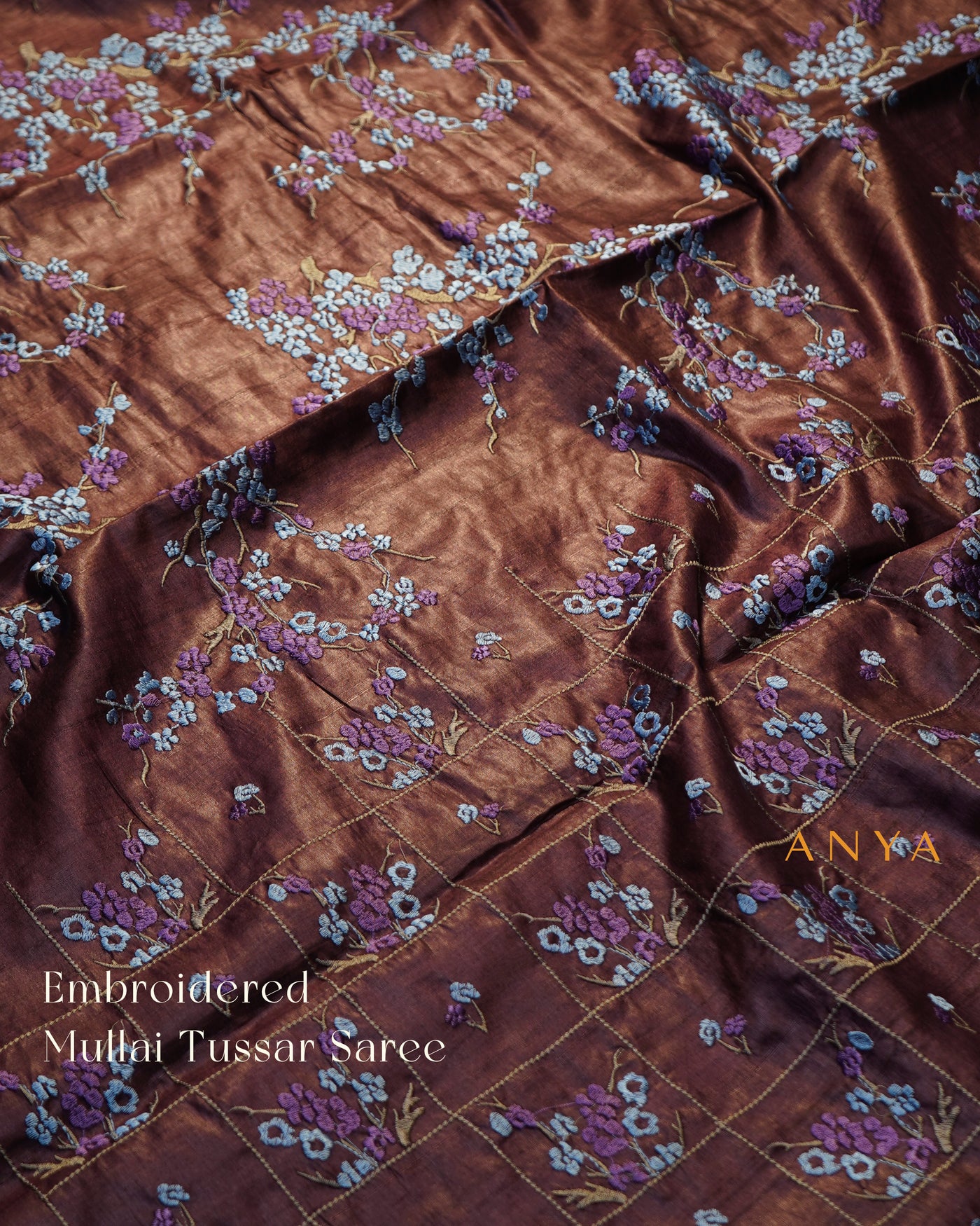 V Pakku Tussar Silk Saree with Floral Embroidery Design