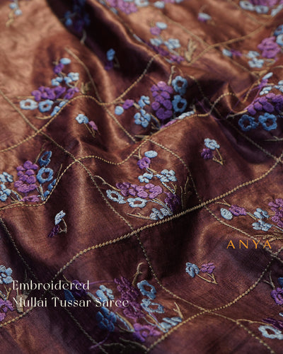 V Pakku Tussar Silk Saree with Floral Embroidery Design