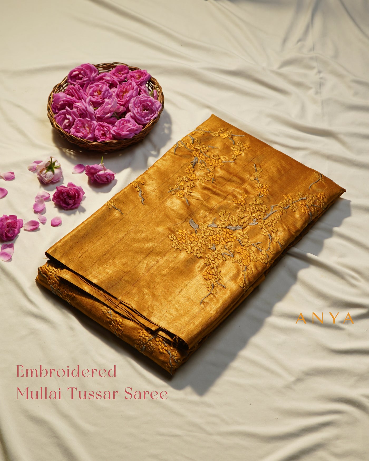 Oil Mustard Tussar Silk Saree with Floral Embroidery Design