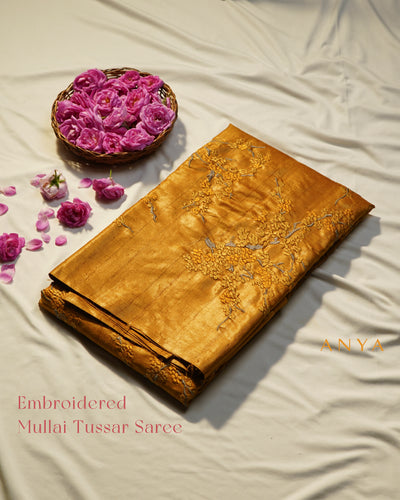 Oil Mustard Tussar Silk Saree with Floral Embroidery Design