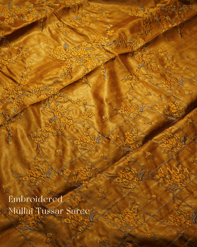 Oil Mustard Tussar Silk Saree with Floral Embroidery Design