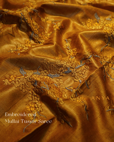 Oil Mustard Tussar Silk Saree with Floral Embroidery Design