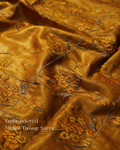 Oil Mustard Tussar Silk Saree with Floral Embroidery Design