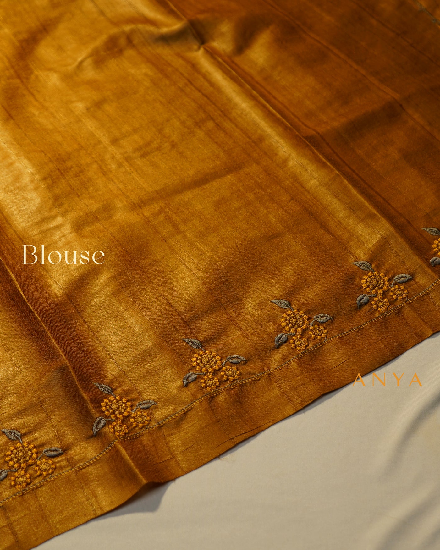 Oil Mustard Tussar Silk Saree with Floral Embroidery Design