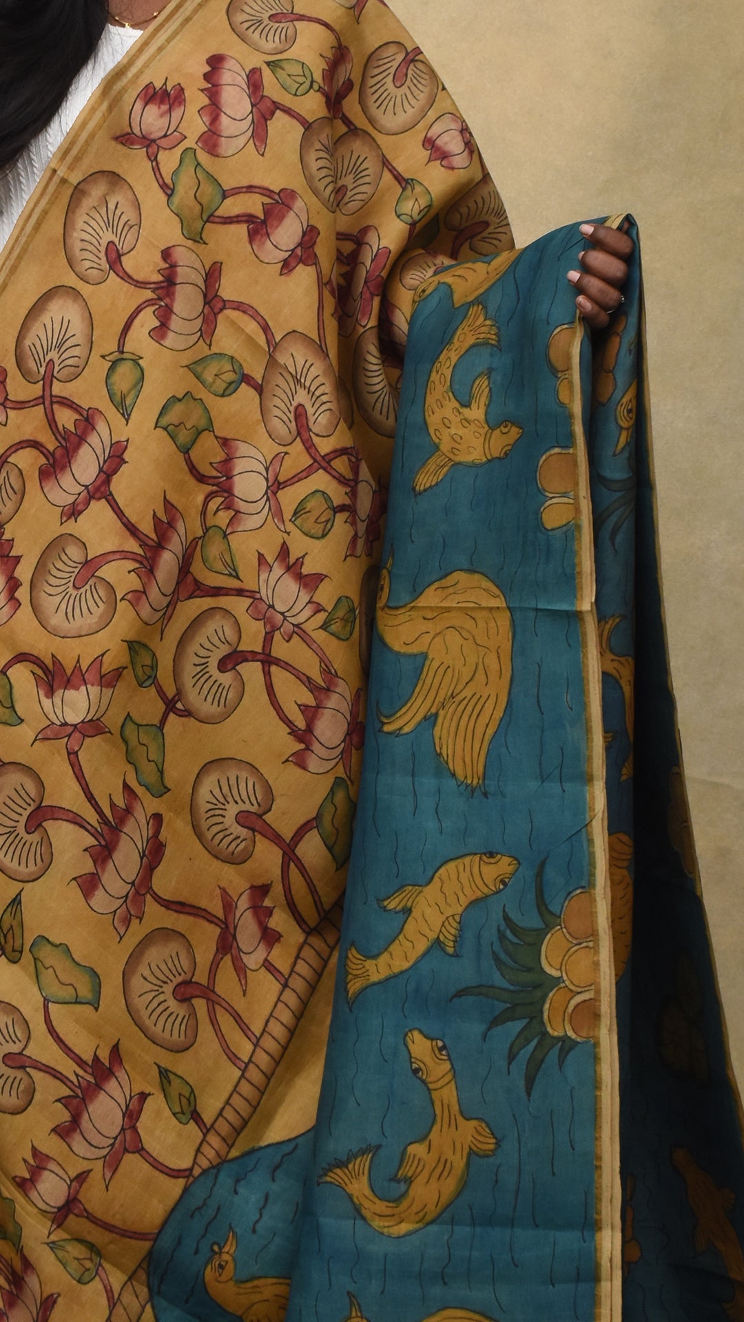 Blue Pen Kalamkari Kanchi Silk Saree