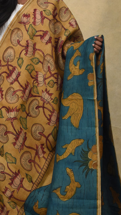 Blue Pen Kalamkari Kanchi Silk Saree