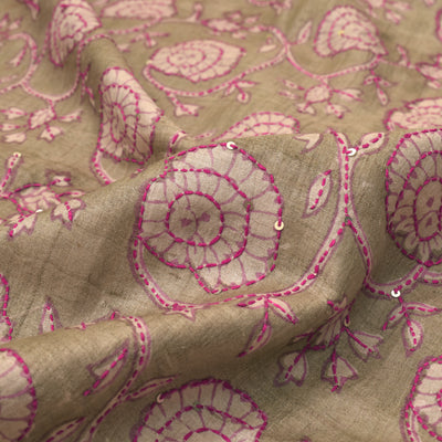 Light Brown Tussar Silk Fabric with Kantha Work Design