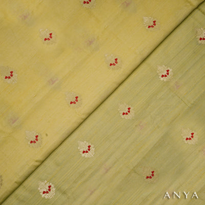 Lemon Yellow Tussar Raw Silk Fabric with Big Zari Butta Design