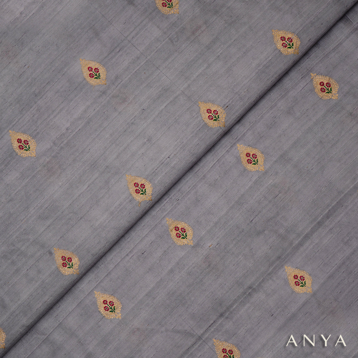 Grey Tussar Raw Silk Fabric with Thilak Butta Design