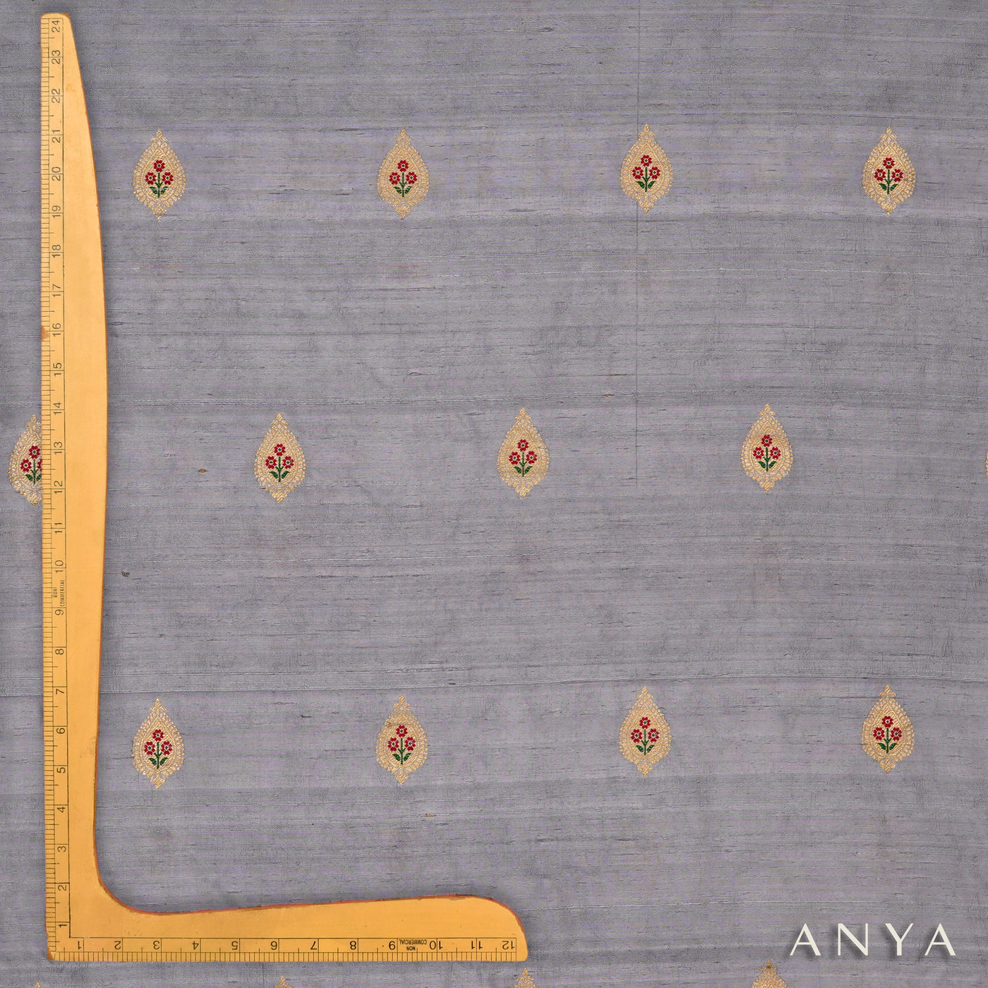 Grey Tussar Raw Silk Fabric with Thilak Butta Design