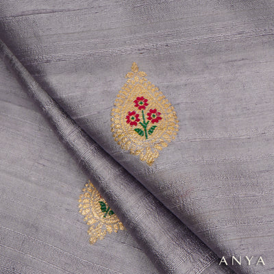 Grey Tussar Raw Silk Fabric with Thilak Butta Design