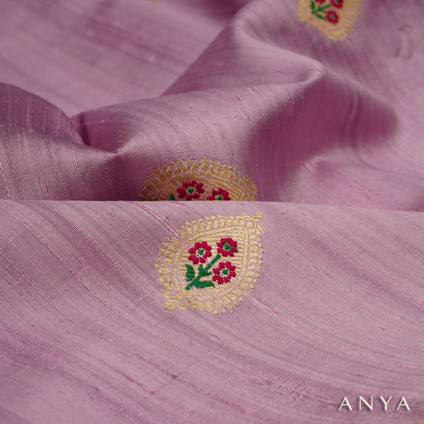 Lilac Tussar Raw Silk Fabric with Thilak Butta Design