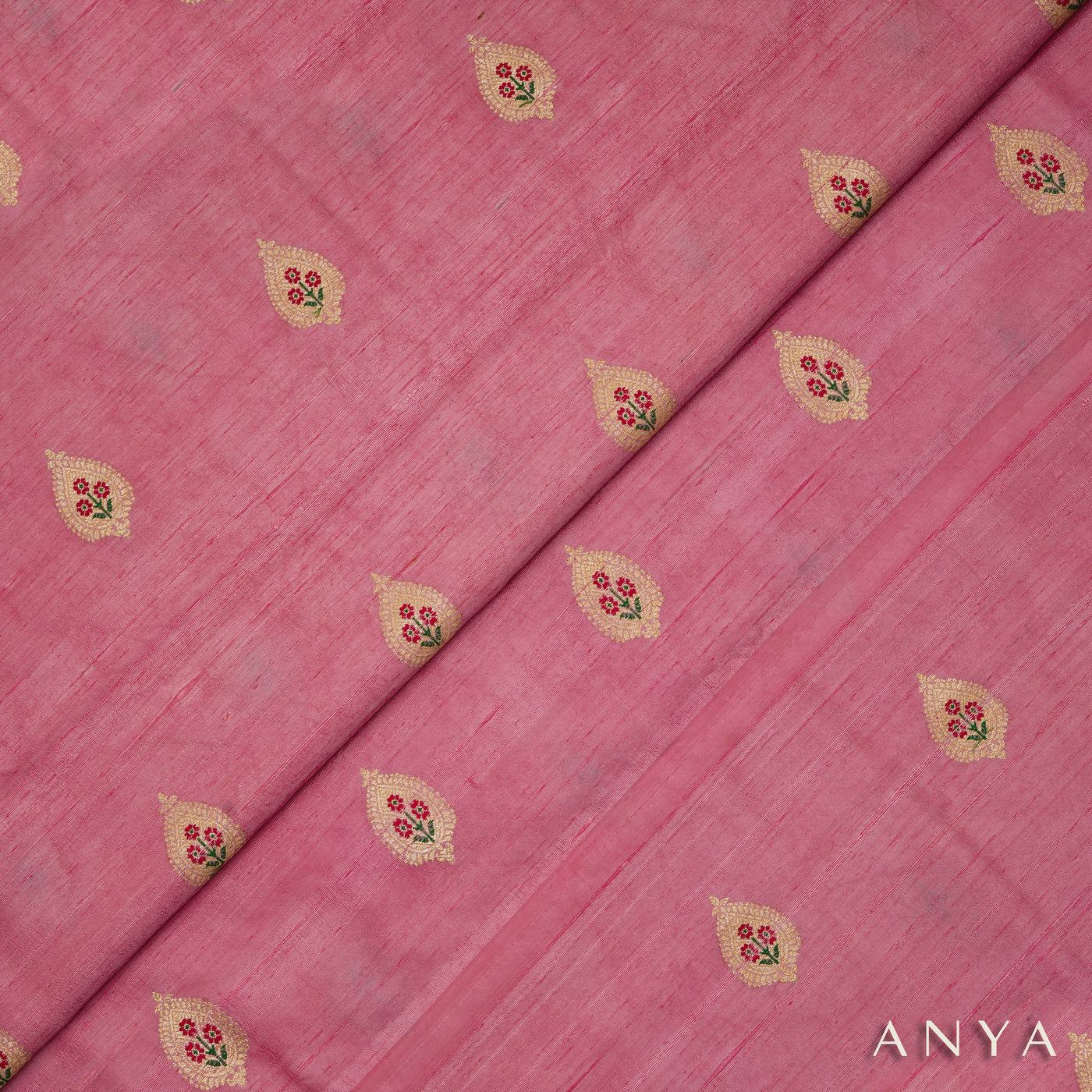 Onion Pink Tussar Raw Silk Fabric with Thilak Butta Design