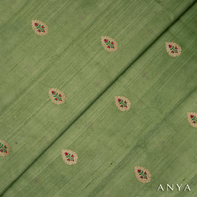Apple Green Tussar Raw Silk Fabric with Thilak Butta Design