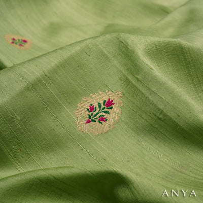Apple Green Tussar Raw Silk Fabric with Thilak Butta Design