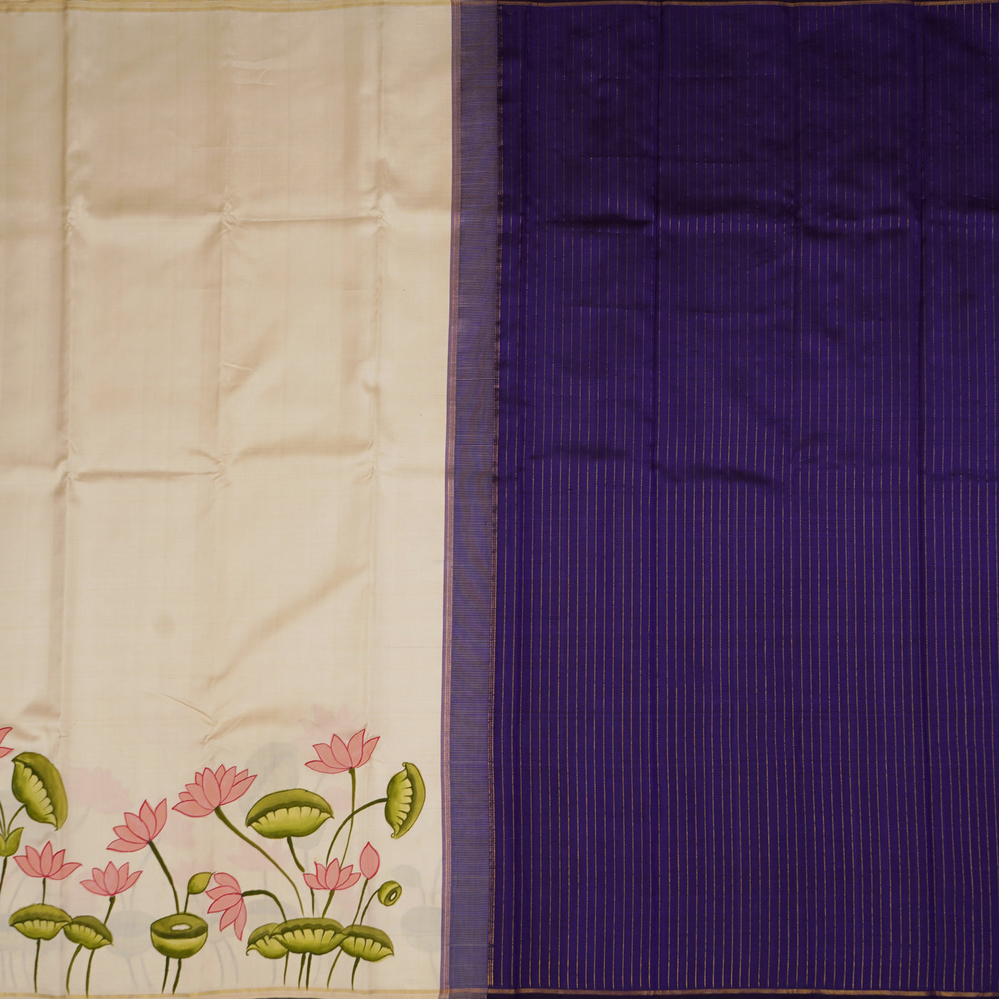 Off White Hand Painted Kanchi Silk Saree with Lotus Design