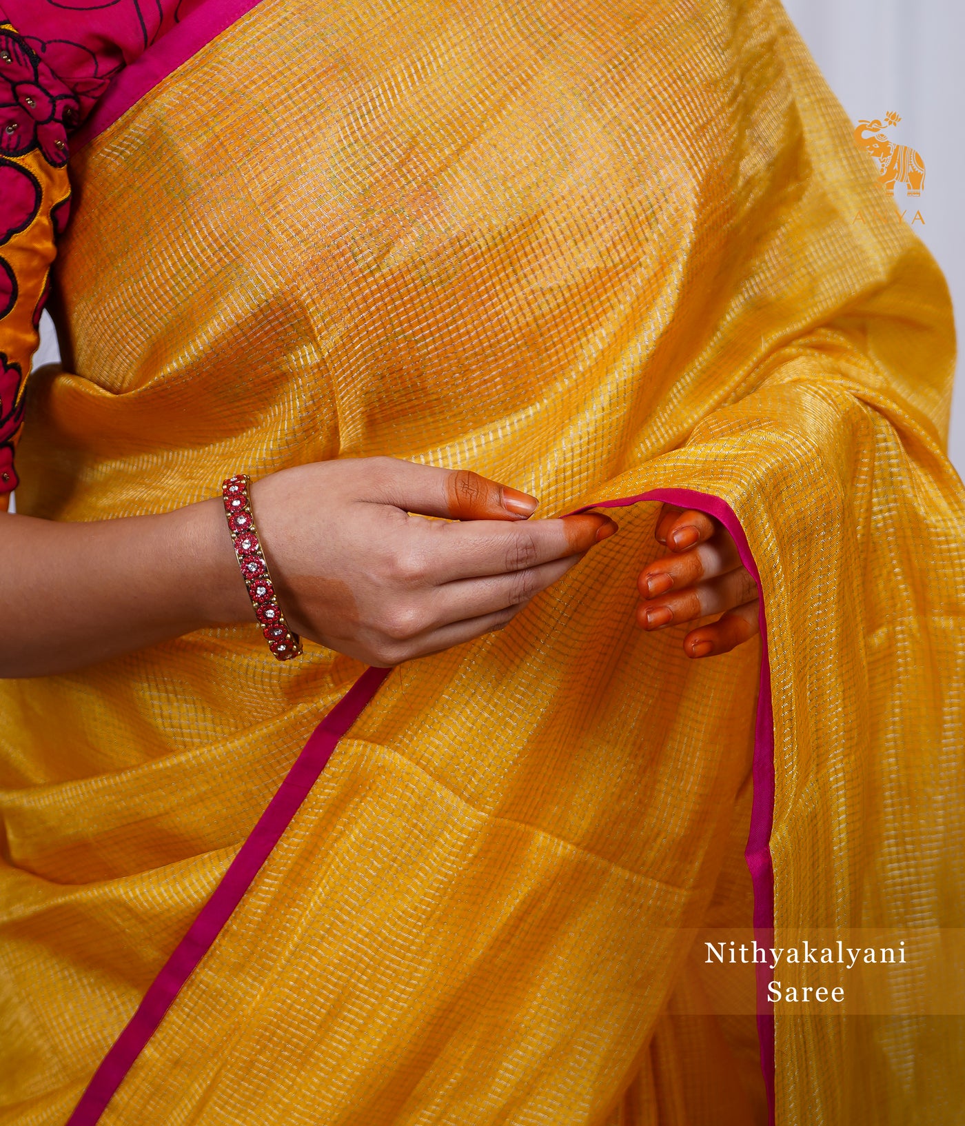 Mustard Zari Checks Tussar Silk Saree with Pink Kalamkari Pallu