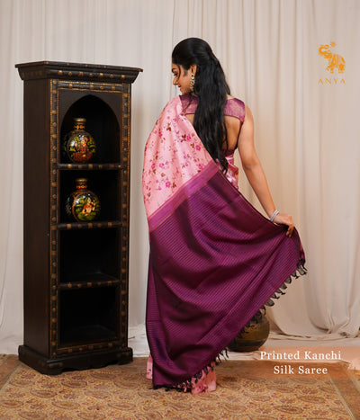 Pink Printed Kanchi Silk Saree with Floral Printed Design