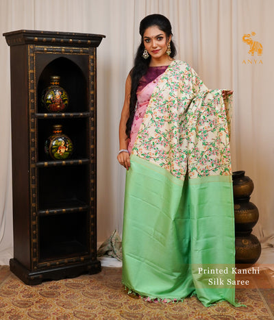 Off White Printed Kanchi Silk Saree with Floral Print Design