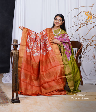 Rust Tussar Silk Saree with Floral Printed Design