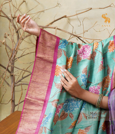 Elaichi Green Tussar Silk Saree with Floral Printed Design