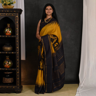 Oil Mustard Pen Kalamkari Kanchi Silk Saree
