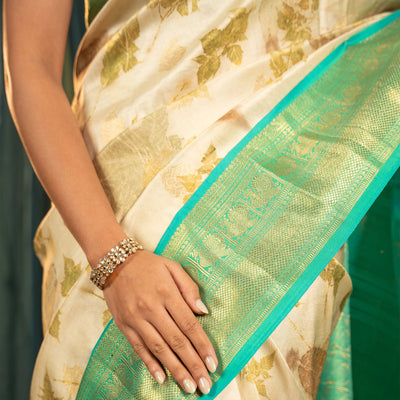 Off White Eco Print Kanchi Silk Saree with Zari Butta Design