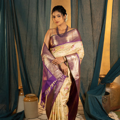 Off White Kanchi Silk Saree with Floral Embroidery Design