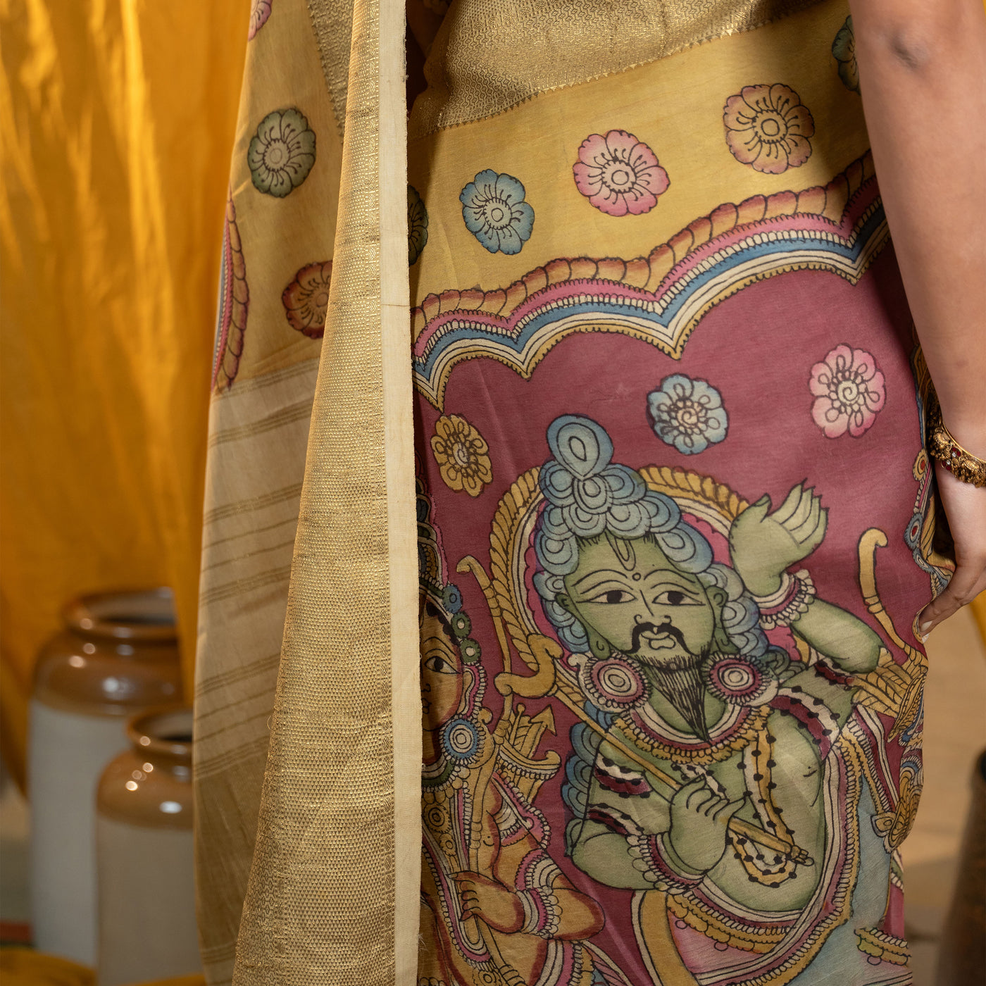 Onion Pink Pen Kalamkari Kanchi Silk Saree