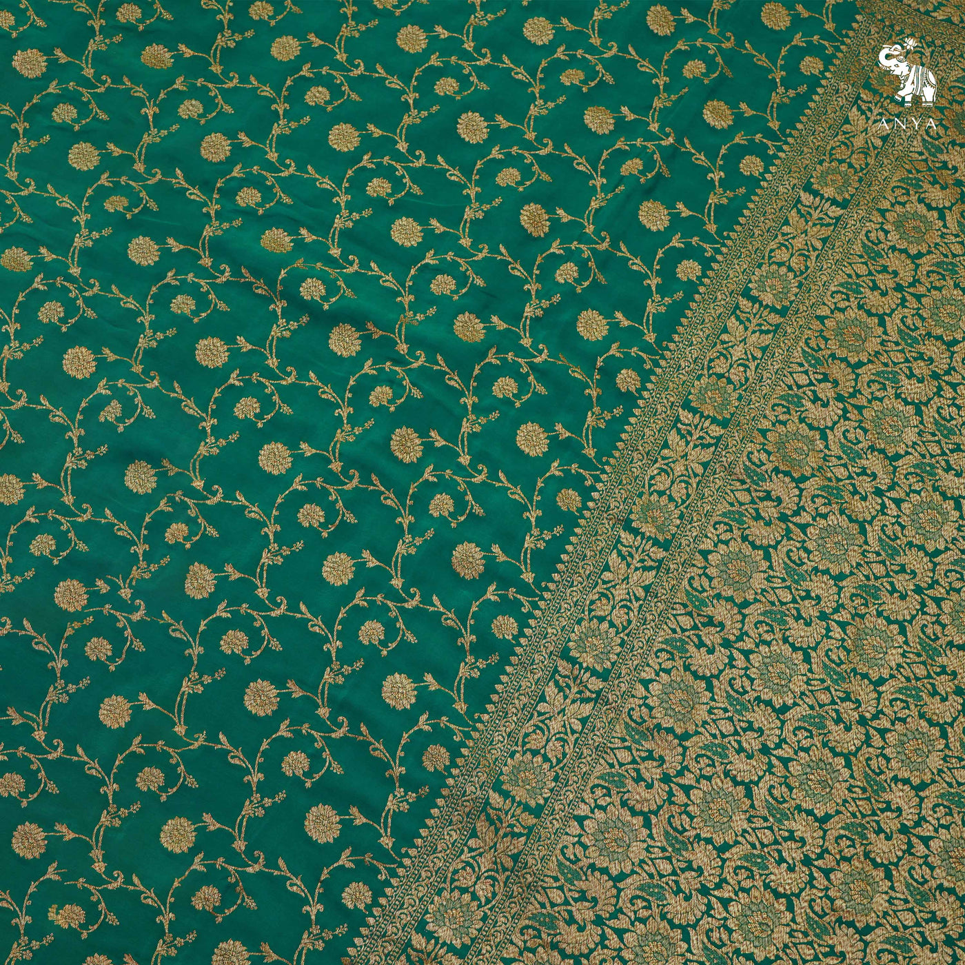 Alli Green Crepe Banarasi Silk Saree with Floral Creeper Design