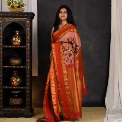 Onion Pink Pen Kalamkari Kanchi Silk Saree