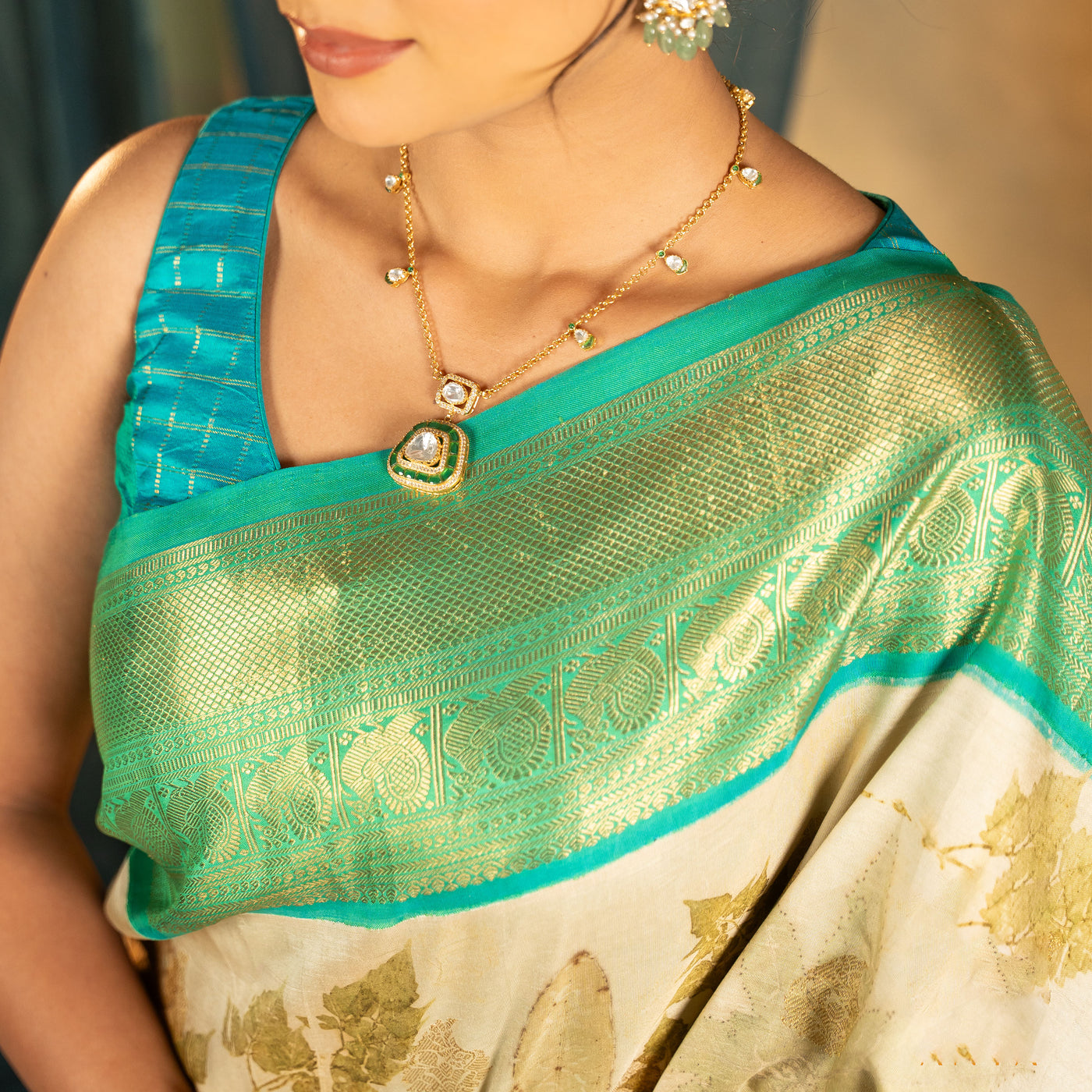 Off White Eco Print Kanchi Silk Saree with Zari Butta Design