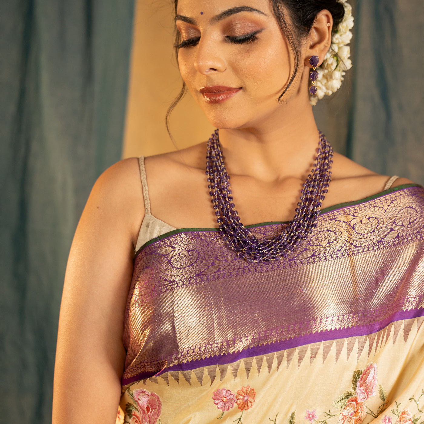 Off White Kanchi Silk Saree with Floral Embroidery Design