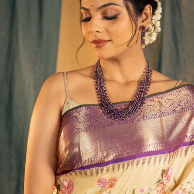 Off White Kanchi Silk Saree with Floral Embroidery Design