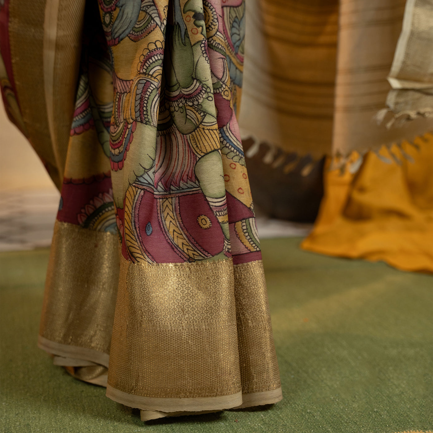 Onion Pink Pen Kalamkari Kanchi Silk Saree