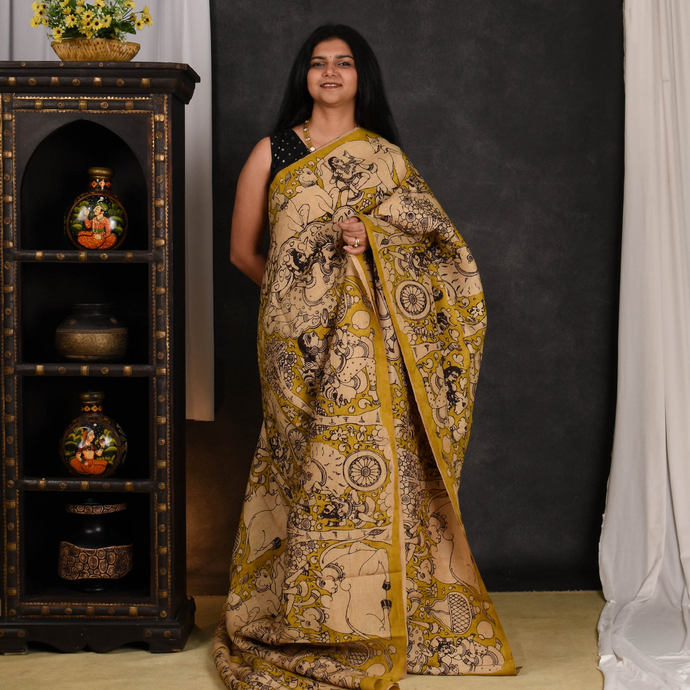 Mustard Pen Kalamkari Kanchi Silk Saree