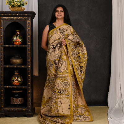 Mustard Pen Kalamkari Kanchi Silk Saree